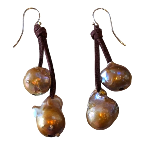 Jewelry - Baroque Pearl Brown Suede Handcrafted Drop Earrings